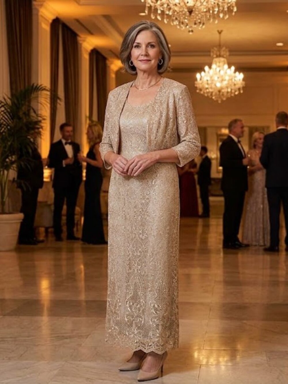 Onyx Nite Gold Beige Lace Maxi Dress & Cardigan Set - Size 18P